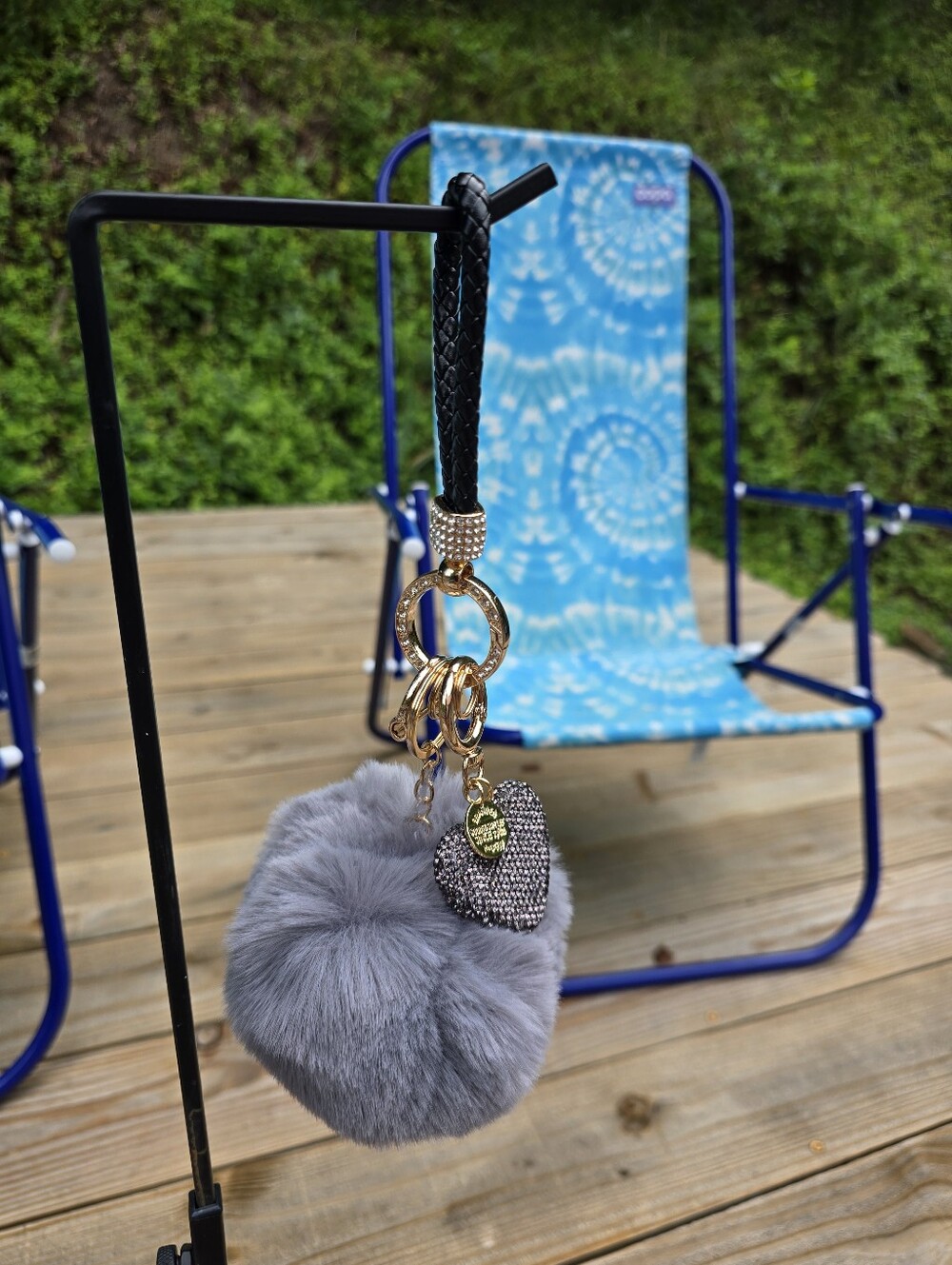Black And Gray Heart Fur Pom Pom Keychain Heart Bag Charm Cell Phone. Big & Bold